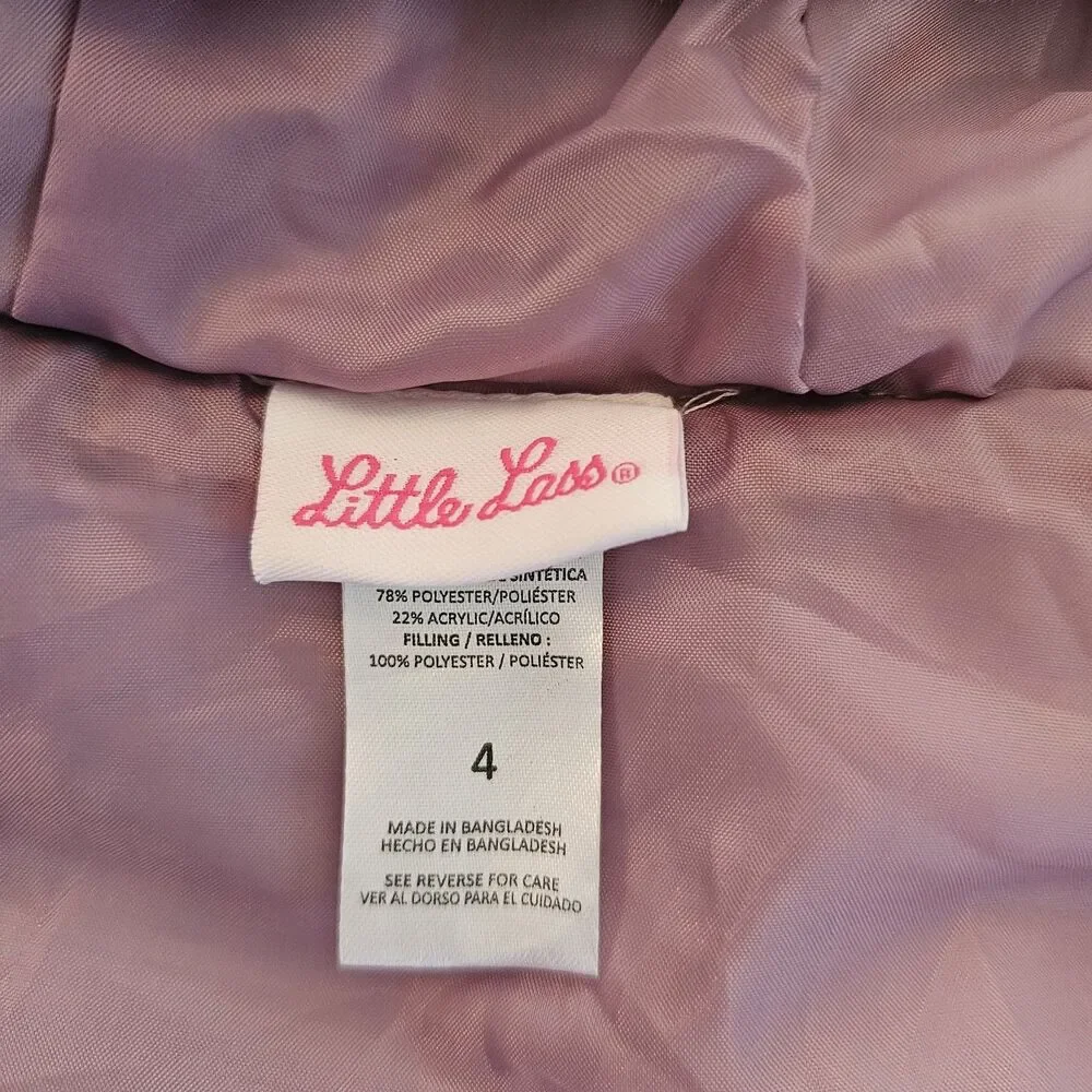 Little Lass Purple Pink Sparkle Hooded Puffer Vest Girls Fur Trim Zip Size 4